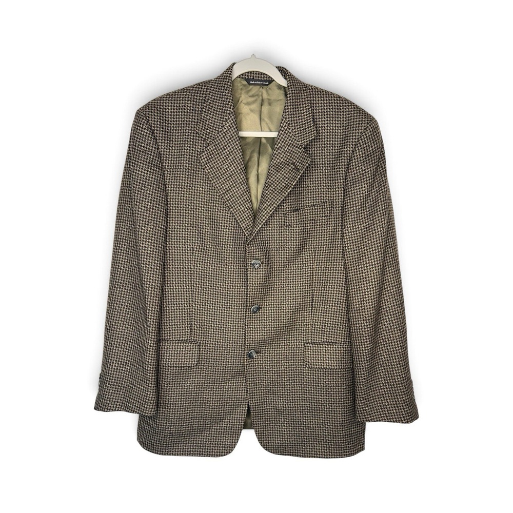 Tom's Place Men's 46 Brown Houndstooth Pure Virgin Wool Blazer Made in Canada